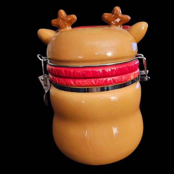 Christmas Reindeer Ceramic Canister Jar Red Scarf Airtight Holiday Kitchen Decor - Picture 3 of 7
